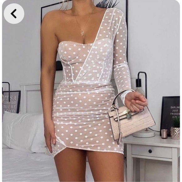 White Fox Fusion Sour One Shoulder White Mesh Polka Dot Mini Dress Ruched Sz - Picture 1 of 11